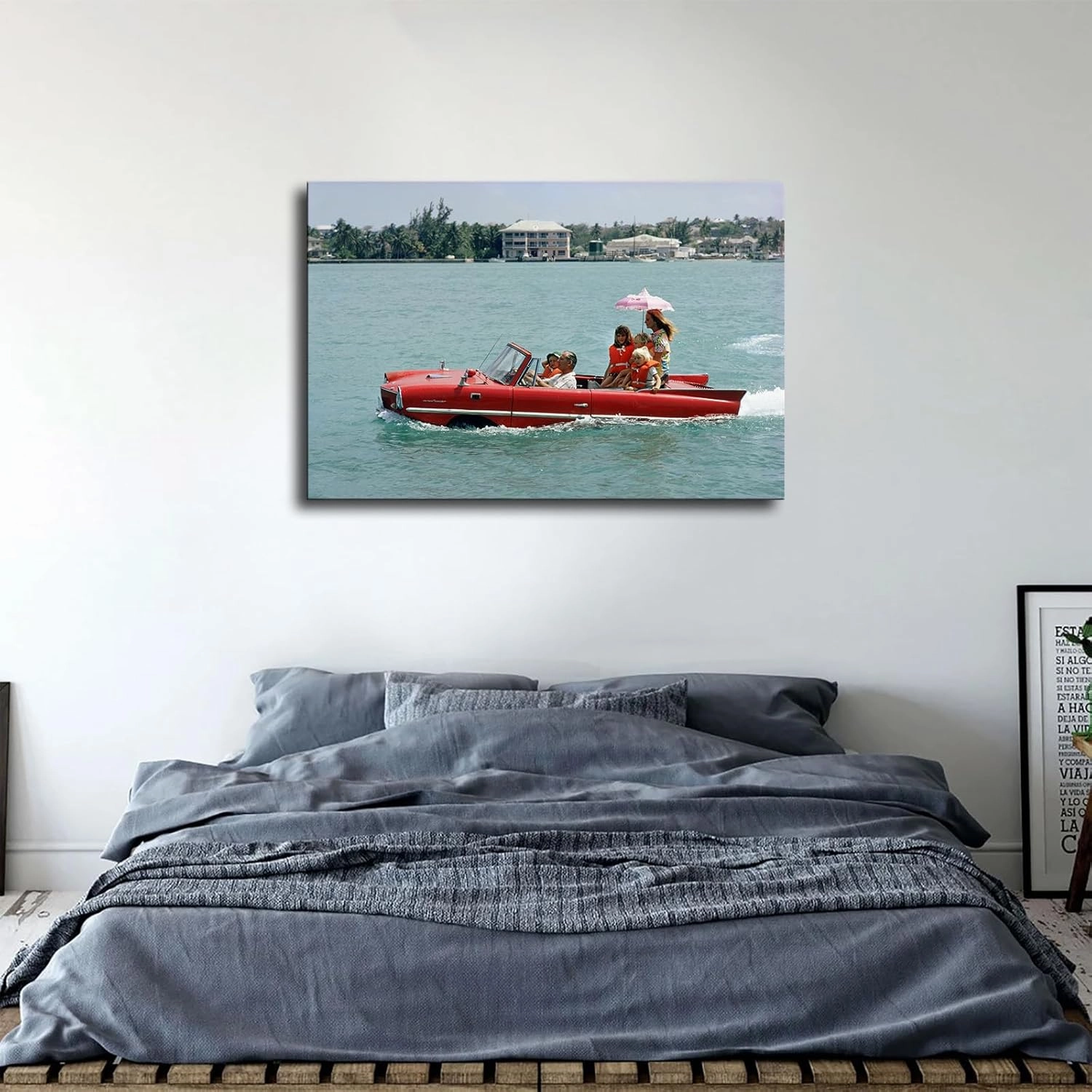 HD Aesthetic Art canvas prints-Sea Drive Amphibious Car Resort Beach Poster Photographer Slim Aarons posters wall art decorations suitable for kitchens homes offices hotels etc (20x30inch-Unframed)