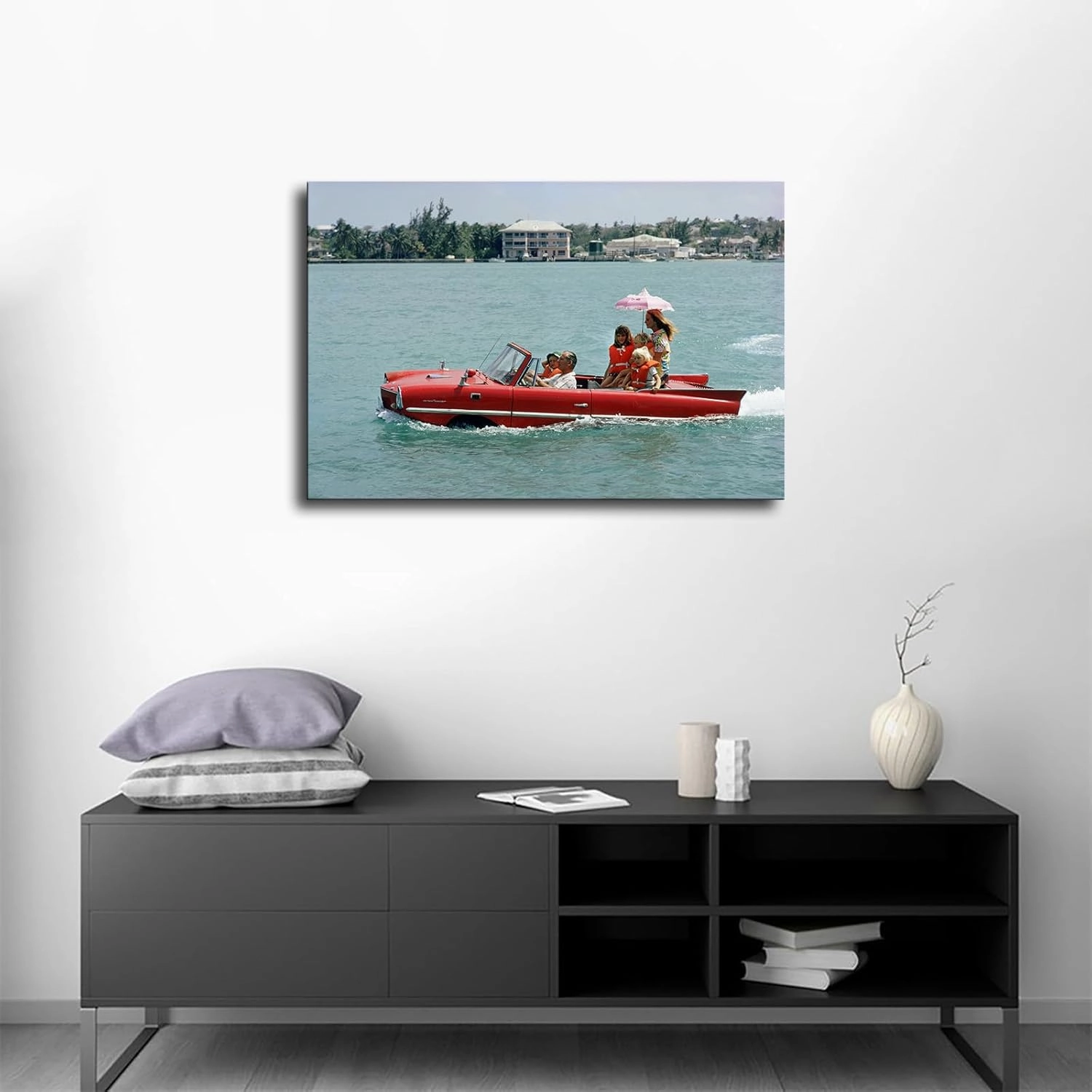 HD Aesthetic Art canvas prints-Sea Drive Amphibious Car Resort Beach Poster Photographer Slim Aarons posters wall art decorations suitable for kitchens homes offices hotels etc (20x30inch-Unframed)
