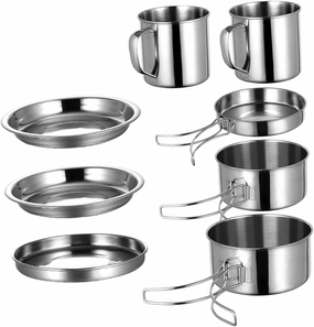 Hemoton Compact Portable Pot Set 8-Piece Outdoor Camping Cookware Non-Stick Camping Cooking Gear Kit