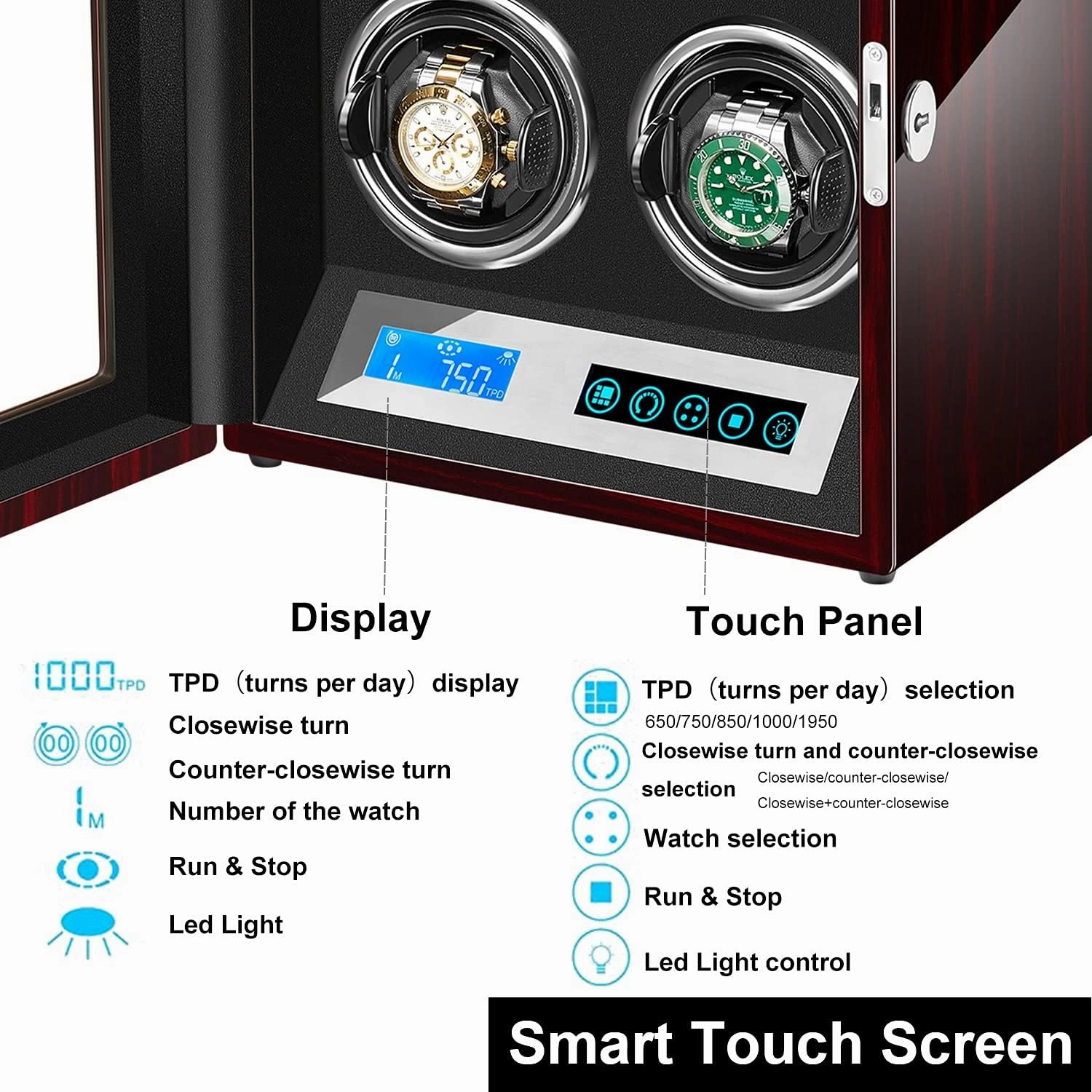 High End Automatic Watch Winder Watches with Touch Screen LED Lighting LCD Digital Display Adjustable Watch Pillows Motor Lady and Man Watch Display Case (4 0)