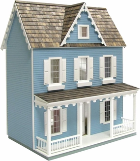 Hobby Lobby Vermont Farmhouse Jr. Dollhouse Kit, 1:12 Scale, 7 Rooms, Blue and White, 24.25W x 17.63D x 29.38H inches