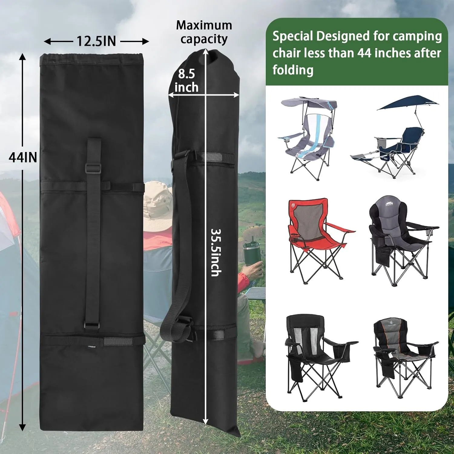Homakover Carrying Bag For Folding Camping Chair, Foldable Large Mouth Folding Chair Storage Replacement Bag with Adjustable Shoulder Strap and Drawstring Opening for Outdoor Camping (Black, 44 Inch)