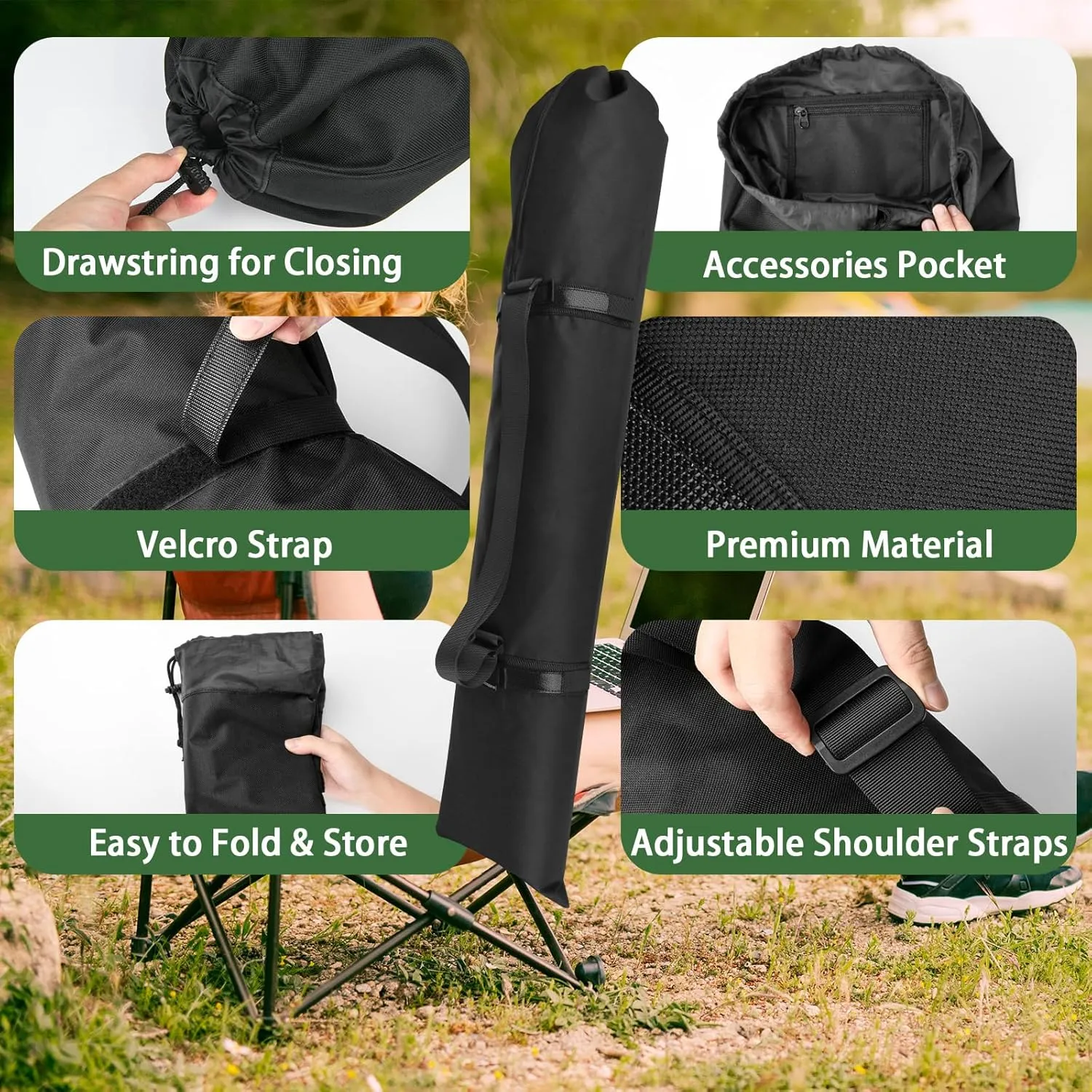 Homakover Carrying Bag For Folding Camping Chair, Foldable Large Mouth Folding Chair Storage Replacement Bag with Adjustable Shoulder Strap and Drawstring Opening for Outdoor Camping (Black, 44 Inch)