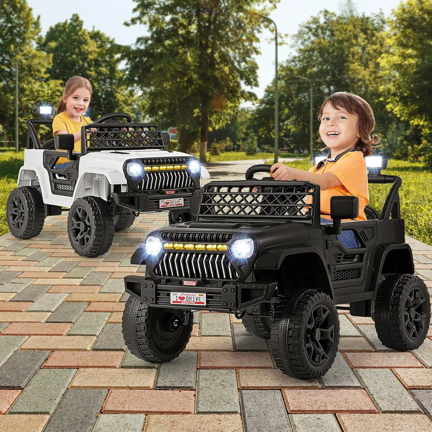 HONEY JOY Ride On Truck, 12V Battery Powered Toddler Electric Vehicle, LED Lights & Music, Belt, Spring Suspension, Motorized Electric Car for Kids, Ride On Car with Remote Control (White)