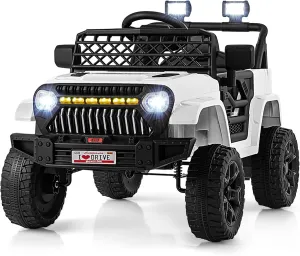HONEY JOY Ride On Truck, 12V Battery Powered Toddler Electric Vehicle, LED Lights & Music, Belt, Spring Suspension, Motorized Electric Car for Kids, Ride On Car with Remote Control (White)