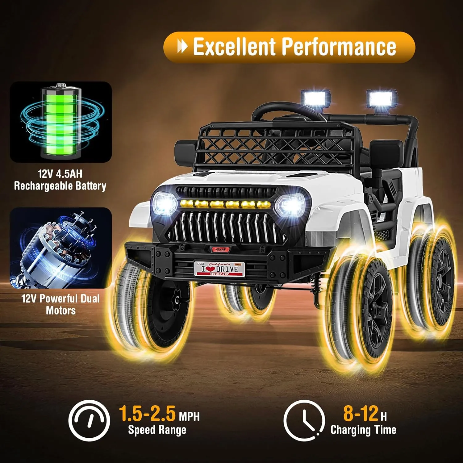 HONEY JOY Ride On Truck, 12V Battery Powered Toddler Electric Vehicle, LED Lights & Music, Belt, Spring Suspension, Motorized Electric Car for Kids, Ride On Car with Remote Control (White)