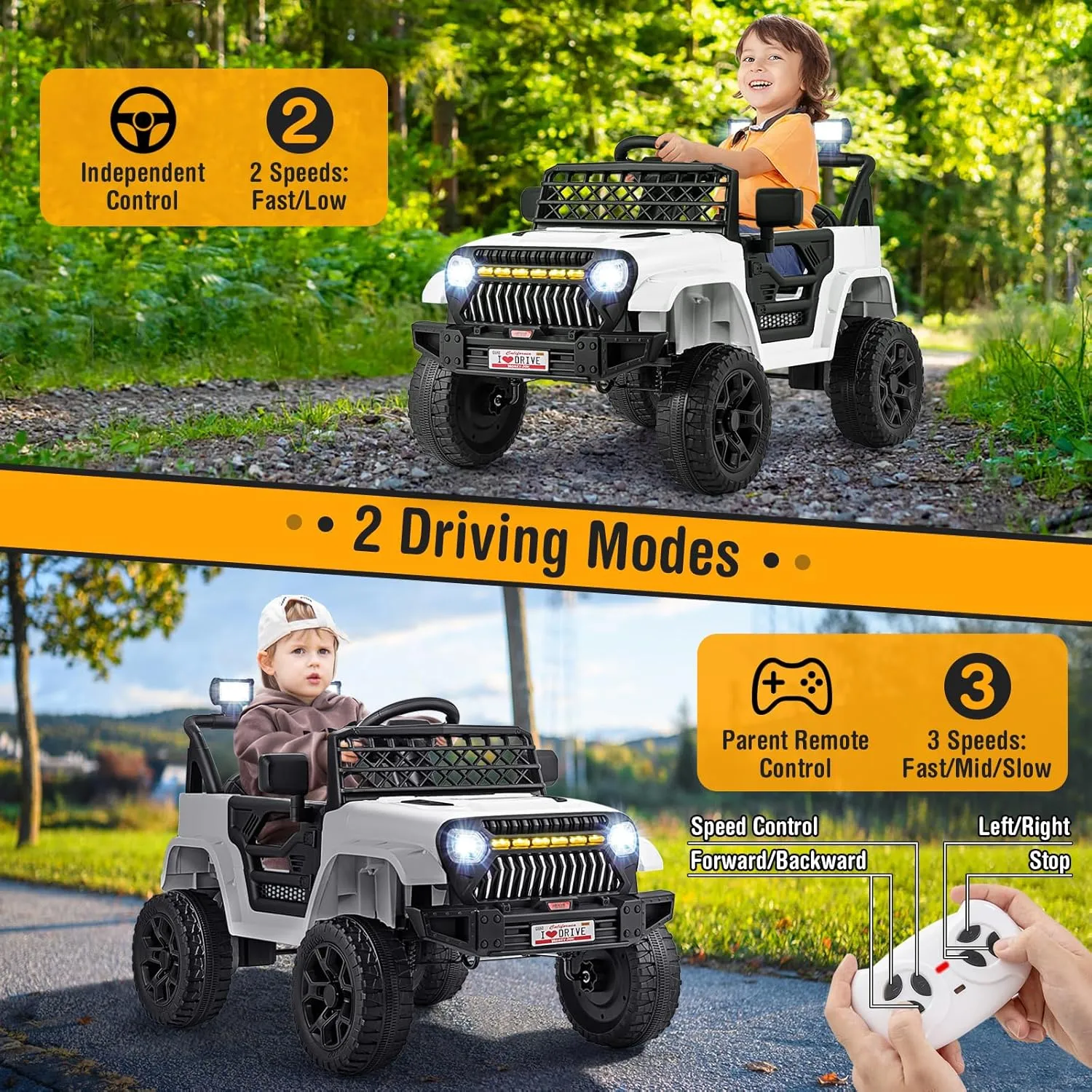 HONEY JOY Ride On Truck, 12V Battery Powered Toddler Electric Vehicle, LED Lights & Music, Belt, Spring Suspension, Motorized Electric Car for Kids, Ride On Car with Remote Control (White)