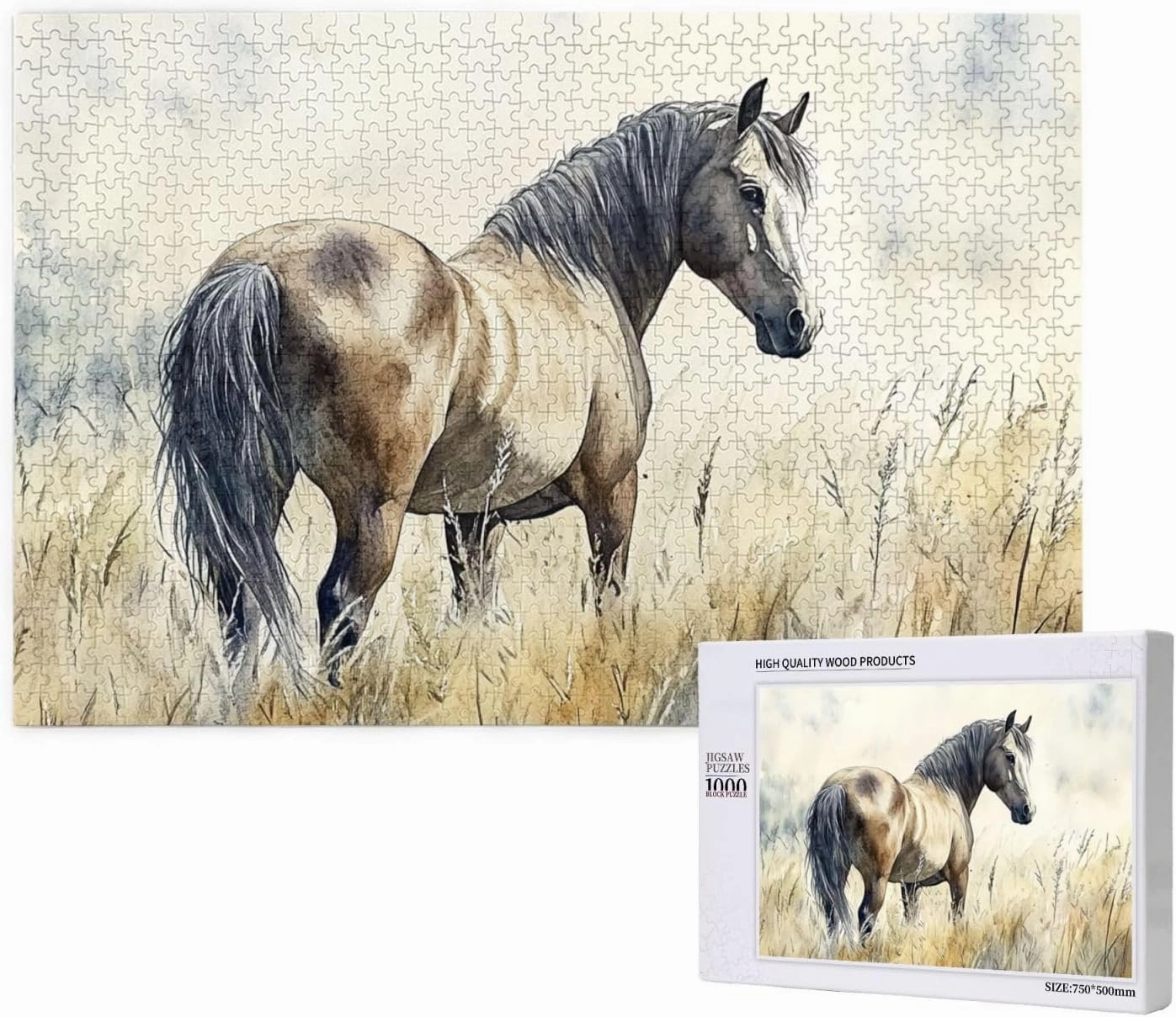 Horses grazing on The Grassland 1000 pcs of Adult Wooden Puzzle,Unique and Beautiful Design,an Ideal Choice for Exercising brainpower，Thoughts soar，Gifts for Family and Friends