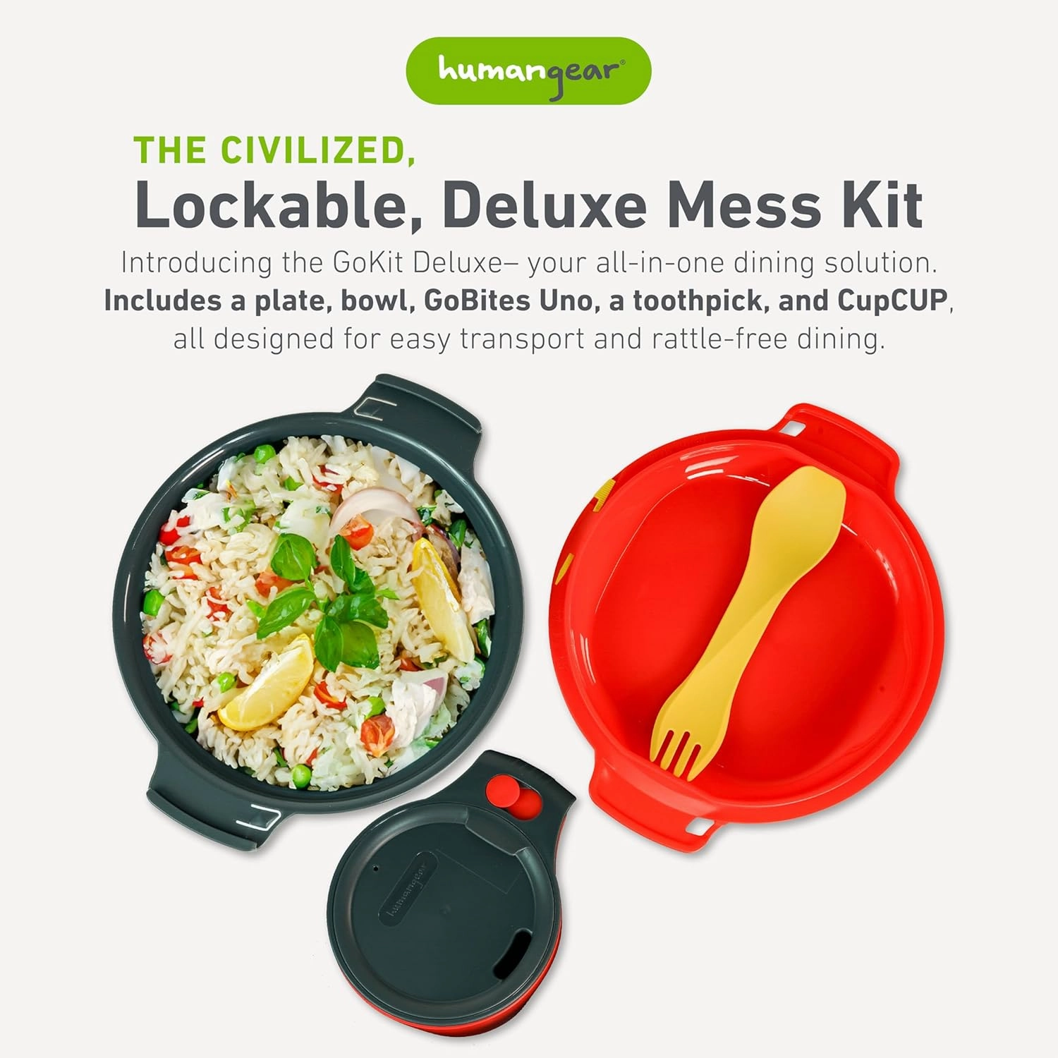 humangear GoKit Deluxe: 7-Tool Lightweight Camping Mess Kit with Portable Insulated Cup, Camping Plate, Bowl, Utensil, and Toothpick - Ideal On-The-Go Camping Solution