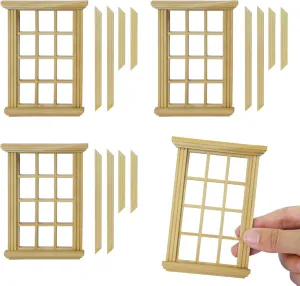 iLAND 1/12 Scale Accessories of Dollhouse Windows 4pcs, Solid Wood DIY Dollhouse Building Supplies, Complete Classic Miniature Windows Kit w/Wooden Frame & Acrylic Panel