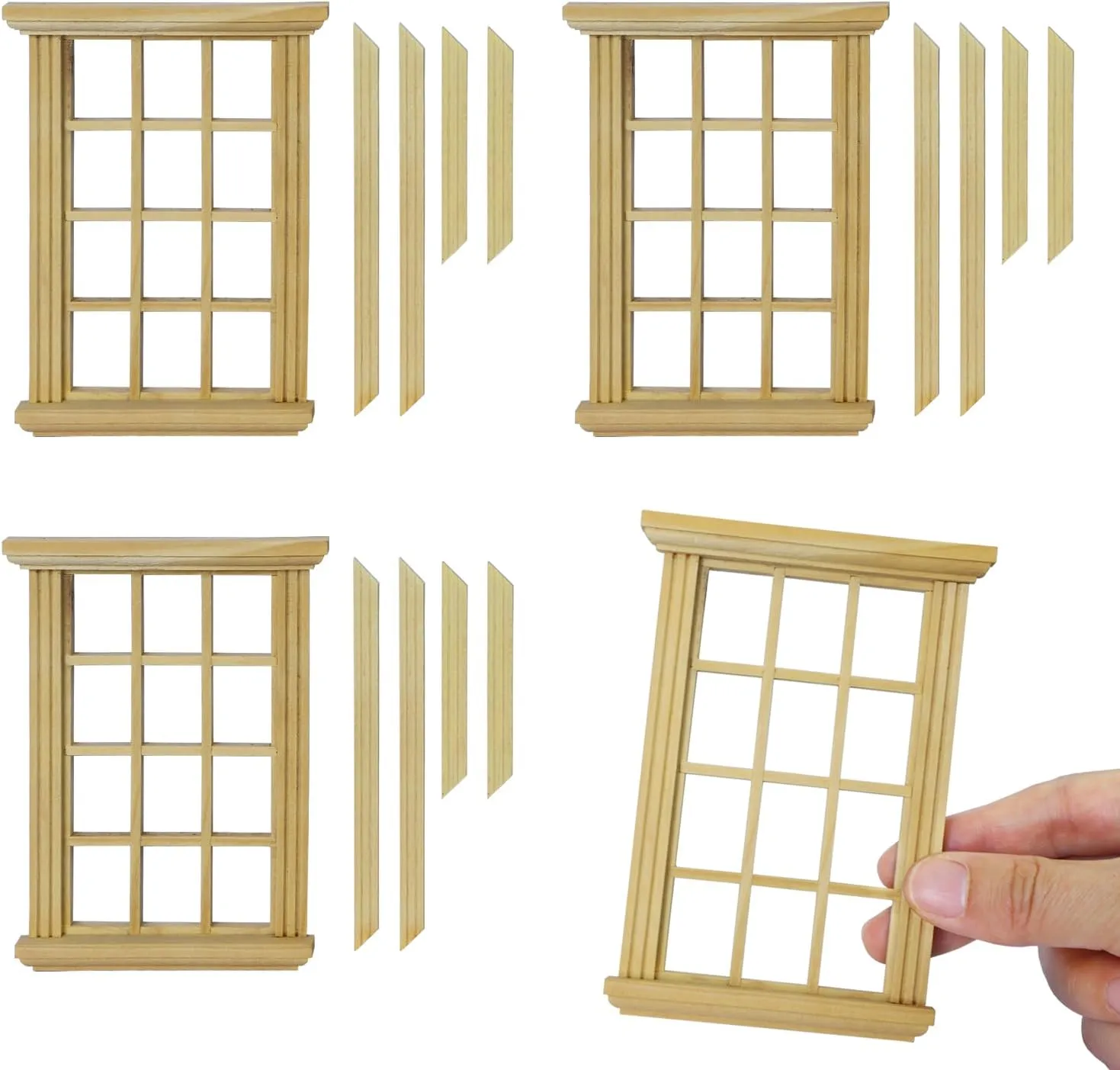 iLAND 1/12 Scale Accessories of Dollhouse Windows 4pcs, Solid Wood DIY Dollhouse Building Supplies, Complete Classic Miniature Windows Kit w/Wooden Frame & Acrylic Panel