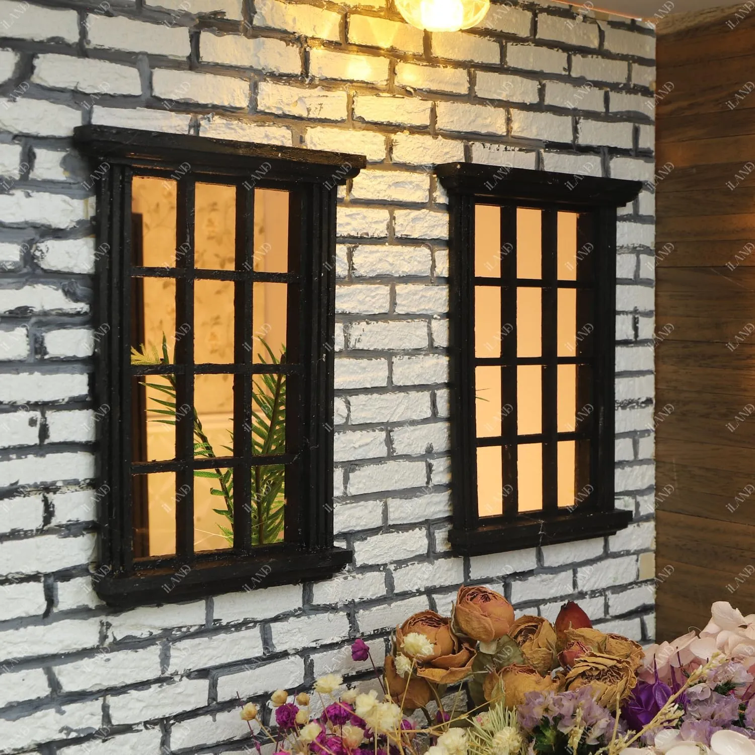 iLAND 1/12 Scale Accessories of Dollhouse Windows 4pcs, Solid Wood DIY Dollhouse Building Supplies, Complete Classic Miniature Windows Kit w/Wooden Frame & Acrylic Panel