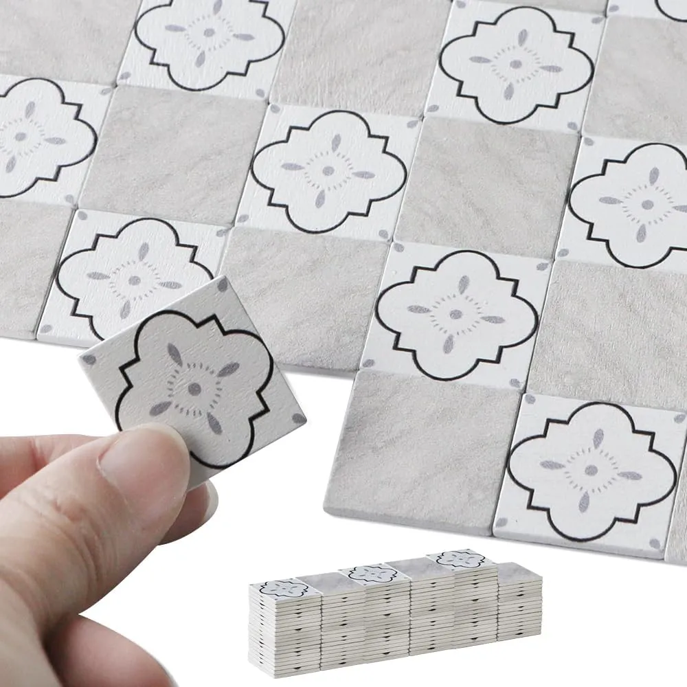 iLAND Dollhouse Flooring on 1/12 Scale 1/6 Scale, Miniature Dollhouse Accessories, 115pcs Double-Sided Dollhouse Floor Tiles (French White Floral & Grey Marble Tiles)