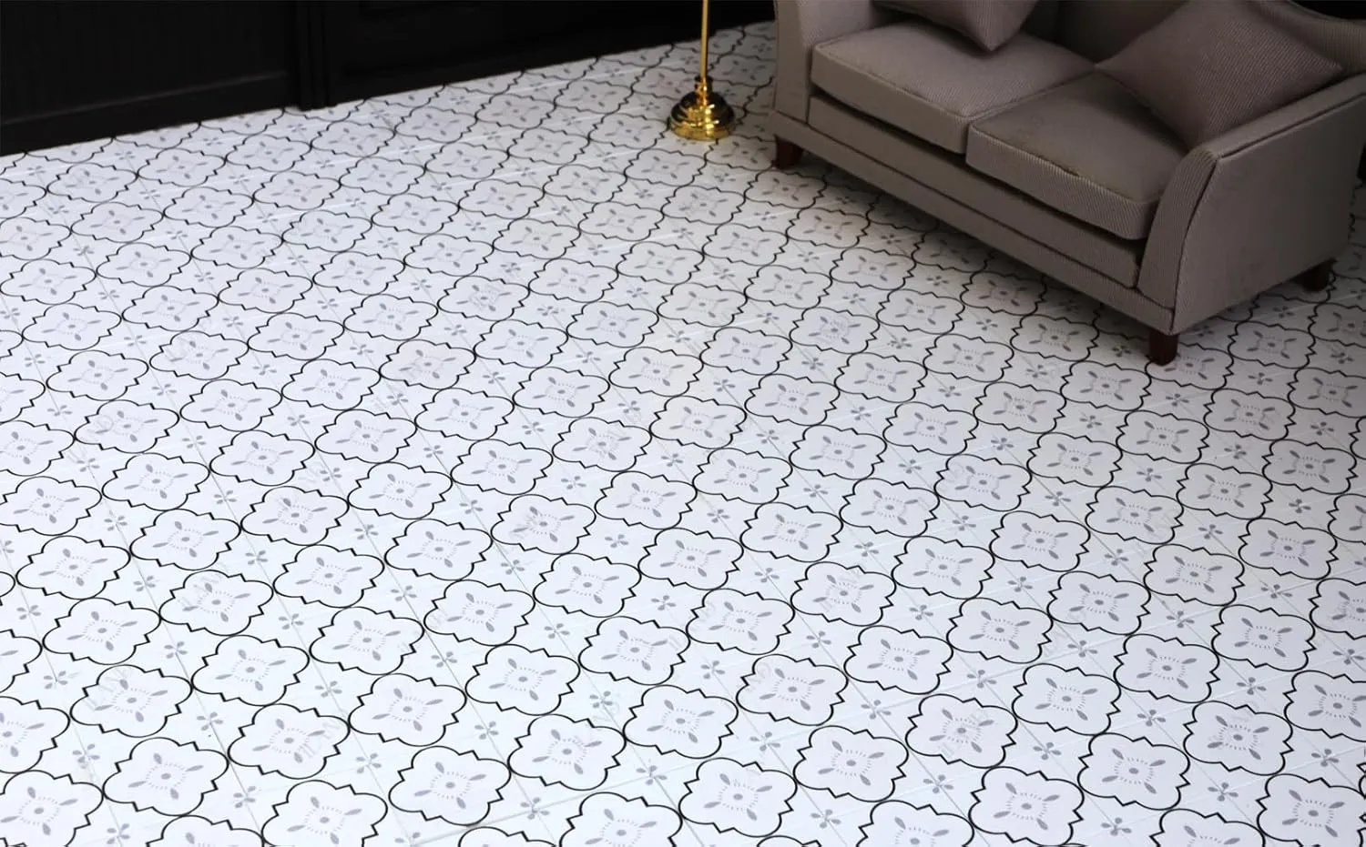 iLAND Dollhouse Flooring on 1/12 Scale 1/6 Scale, Miniature Dollhouse Accessories, 115pcs Double-Sided Dollhouse Floor Tiles (French White Floral & Grey Marble Tiles)