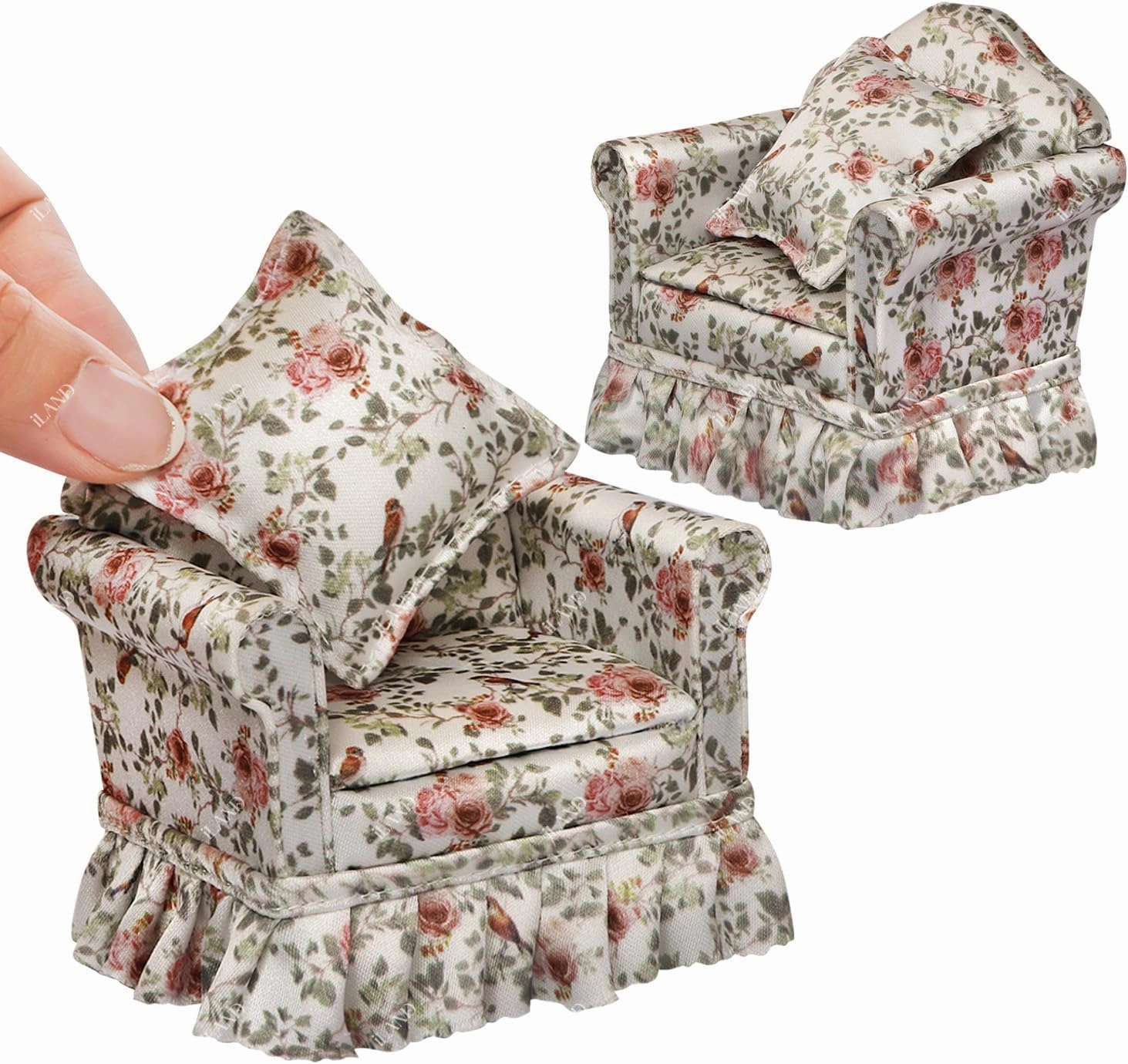 iLAND Dollhouse Furniture of Miniature Couch The Great Doll House Furniture Set for 1/12 Accessories, Elegant Rose and Birds Pleated Single Sofas 2 Pcs Customized Fabric and Amazing Handiwork