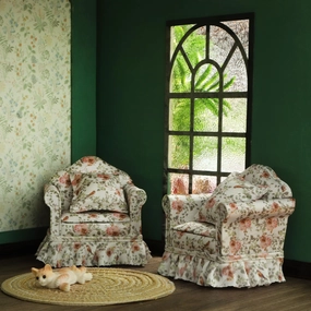 iLAND Dollhouse Furniture of Miniature Couch The Great Doll House Furniture Set for 1/12 Accessories, Elegant Rose and Birds Pleated Single Sofas 2 Pcs Customized Fabric and Amazing Handiwork