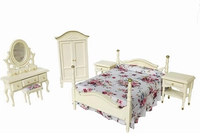 iLAND Wooden Dollhouse Furniture 1/12 Scale, Dollhouse Bedroom Furniture in Cream Color incl Dollhouse Bed & Dressing Table & Wardrobe (Elegant Miniature Furniture 6pcs)