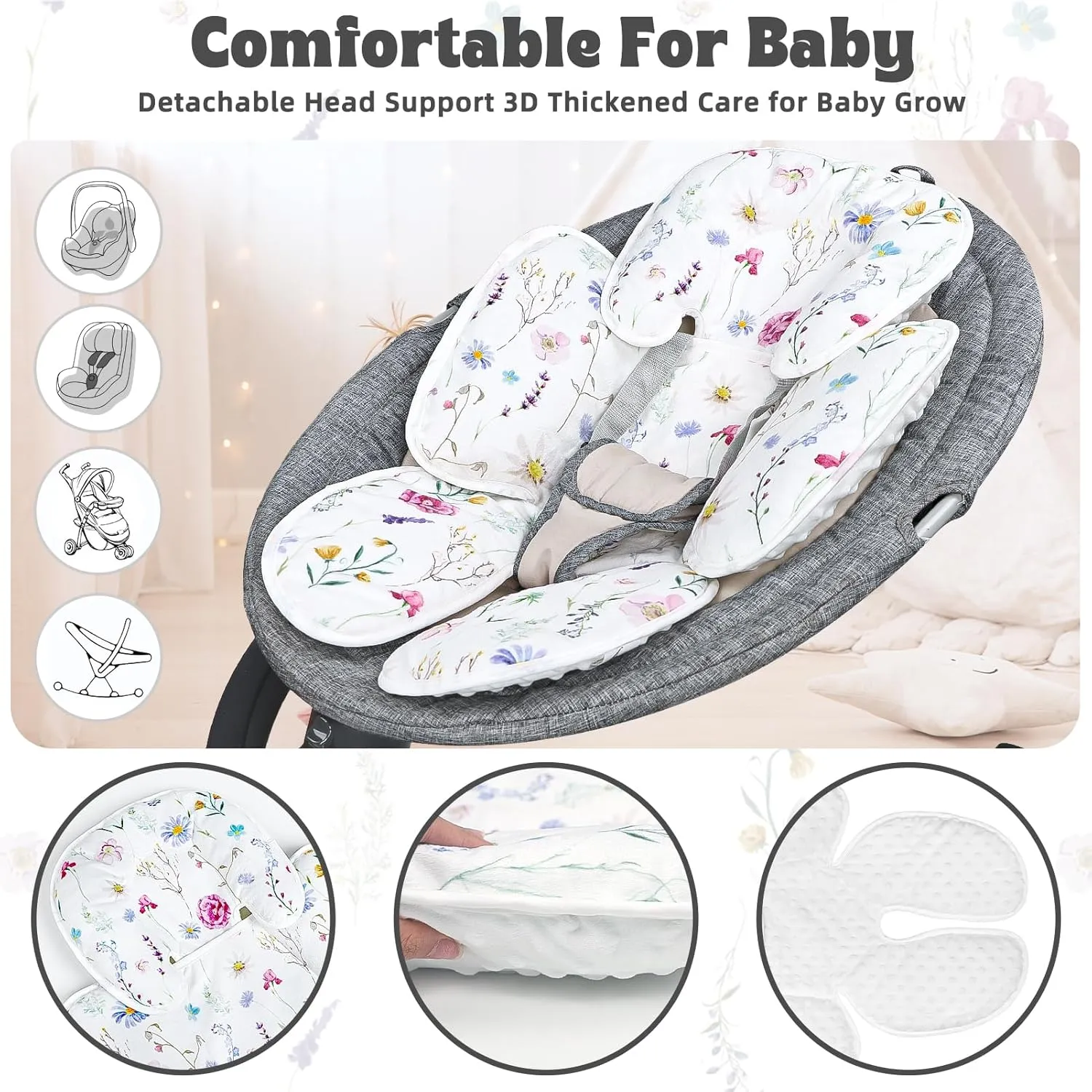 Infant Car Seat Insert Pea Pod 2-in-1 Baby Car Seat Head & Body Support for Newborn Girl Reversible 3 Layer Warm Preemie Carseat Stroller Cushion Headrest with Soft Minky Dot Fabric, Wildflower