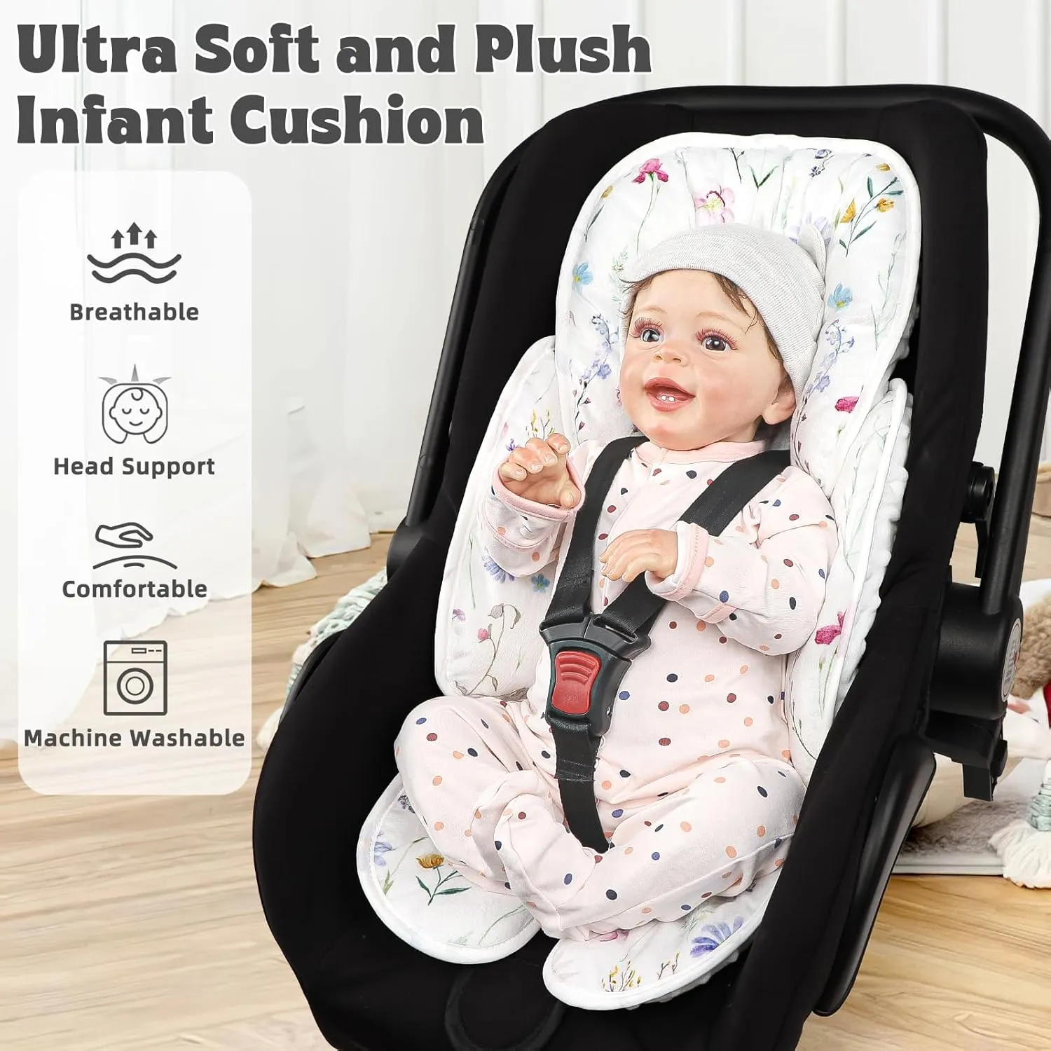 Infant Car Seat Insert Pea Pod 2-in-1 Baby Car Seat Head & Body Support for Newborn Girl Reversible 3 Layer Warm Preemie Carseat Stroller Cushion Headrest with Soft Minky Dot Fabric, Wildflower