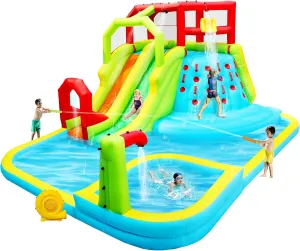 Inflatable Water Slide Park, Bouncy Castle with Deep Pool, 3 Inflatable Sport Balls and 4 Water Guns, Jumping Castle with Air Blower
