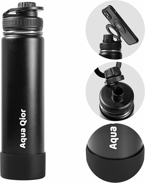 Insulated Water Bottle - Compatible MagSafe Water Bottle - Stainless Steel Water Bottle With Magnetic Phone Tripod Mount - BPA-Free - Car, Gym & Sports Water Bottle - 360°Rotate, Black 24oz