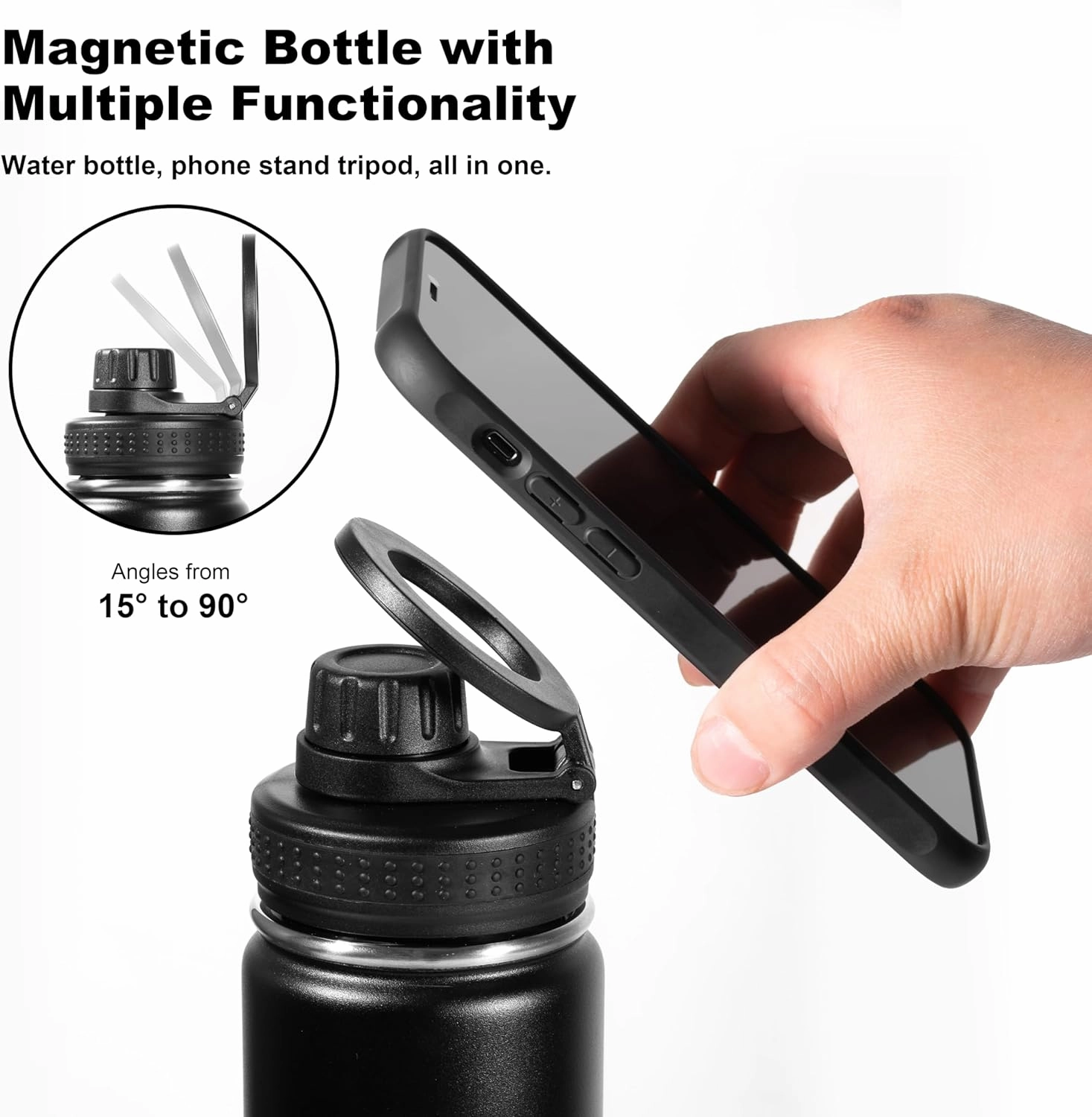 Insulated Water Bottle - Compatible MagSafe Water Bottle - Stainless Steel Water Bottle With Magnetic Phone Tripod Mount - BPA-Free - Car, Gym & Sports Water Bottle - 360°Rotate, Black 24oz