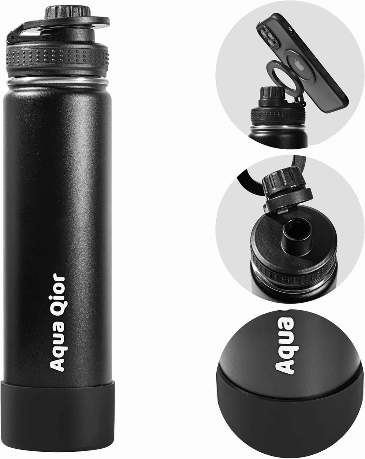 Insulated Water Bottle - Compatible MagSafe Water Bottle - Stainless Steel Water Bottle With Magnetic Phone Tripod Mount - BPA-Free - Car, Gym & Sports Water Bottle - 360°Rotate, Black 24oz