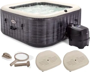 Intex PureSpa Plus Greystone Inflatable Square Hot Tub, Maintenance Kit w/Brush, Skimmer & Scrubber, & Slip Resist Inflatable Removable Seat (2 Pack)
