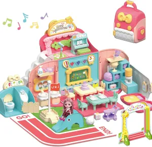 iPlay, iLearn Backpack Dollhouse Playset for Girls 3-5, Kids Pretend Play Doll House Set W/ Portable Backpack, Dolls, School Accessories, Birthday Gifts for 4 5 6 Year Olds Children Toddlers