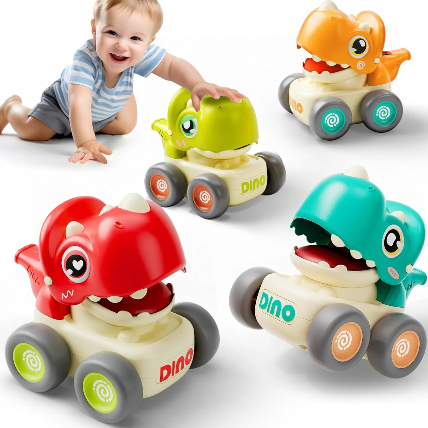 iPlay, iLearn Dinosaur Press Go Car Toys for Toddlers 1-3, Baby Dino Racing Cars, Infant Play Whistle Vehicle Set, Push Go Friction Car for 6-9-12-18 Month, 1-2 Years Old Boys 1st Birthday Gift - Dino