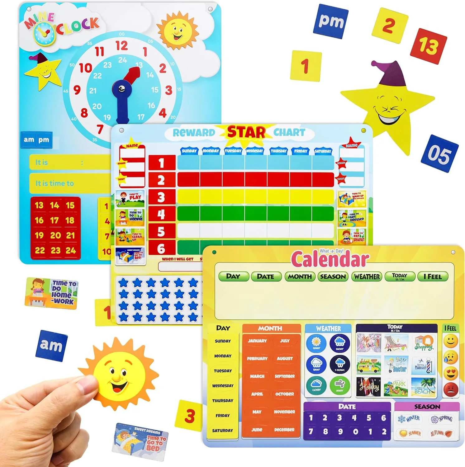 IQ Toys 3 Magnetic Learning Charts for Preschool and Homeschool – Learning Clock, Weather Chart and Days of The Week Calendar for Kids