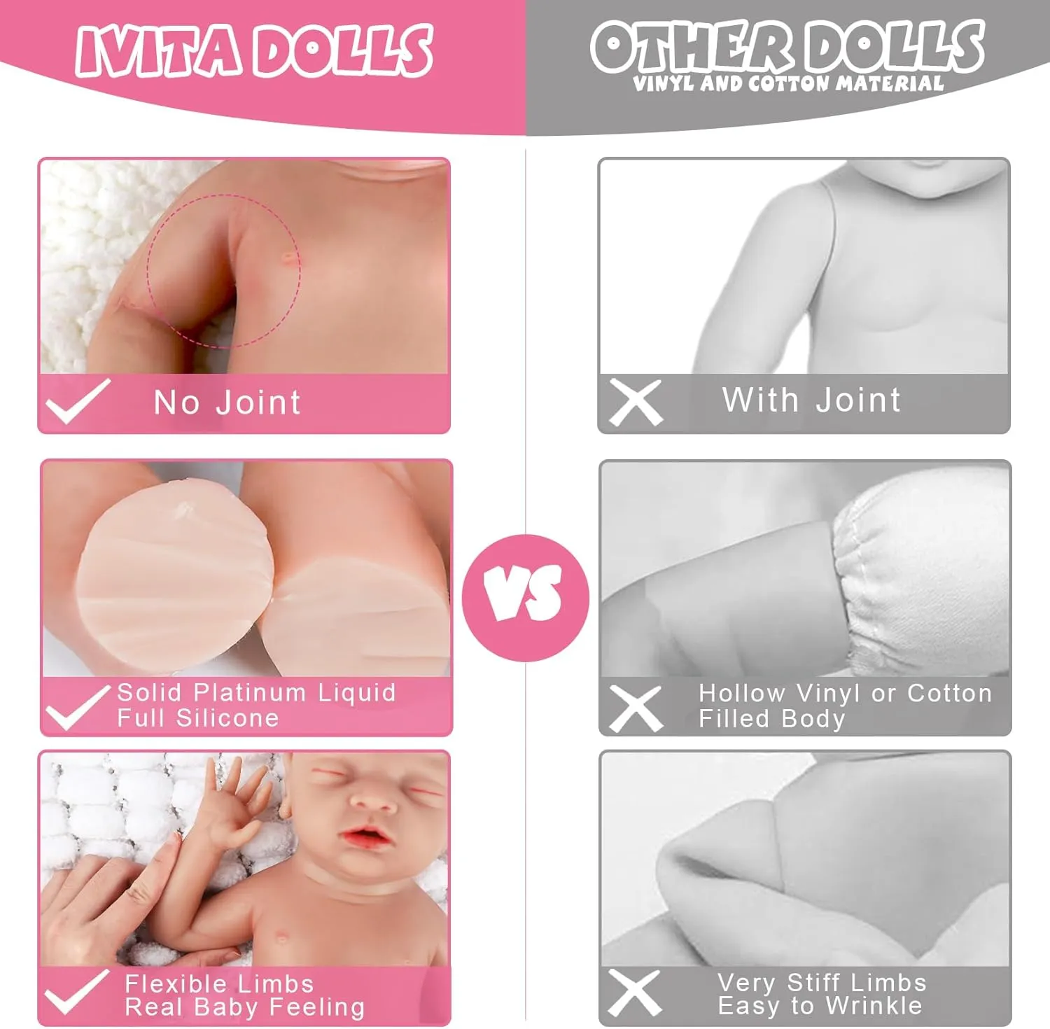 IVITA 14 inch Full Body Silicone Reborn Baby Girl Not Vinyl Dolls Anatomically Correct Newborn Lifelike Silicone Baby Dolls Stress Relief Anti-Stress Toys for Kids & Toddlers Child Gifts - Girl