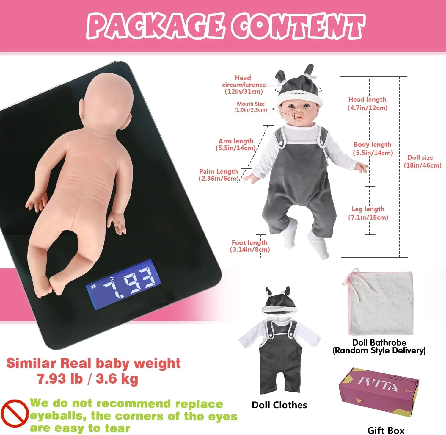 IVITA 18 inch Realistic Silicone Baby Doll Boy Realistic Babies Toy for 3  Years Old Festival Present Collectible Doll Perfect for Collection
