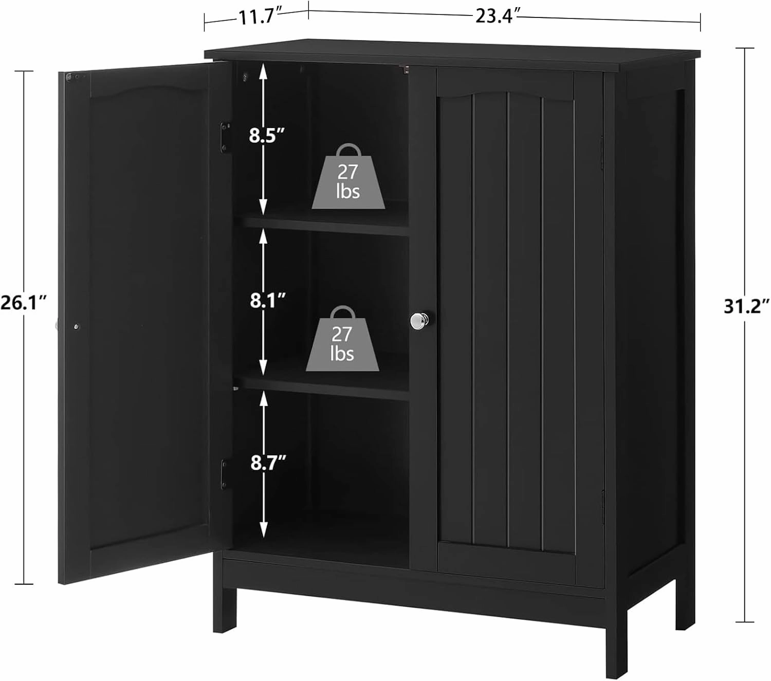 Iwell Bathroom Cabinet, Bathroom Storage Cabinet with 2 Doors & 3 Shelves, 3 Heights Available, for Living Room, Entryway, Kitchen, Home Office, Black