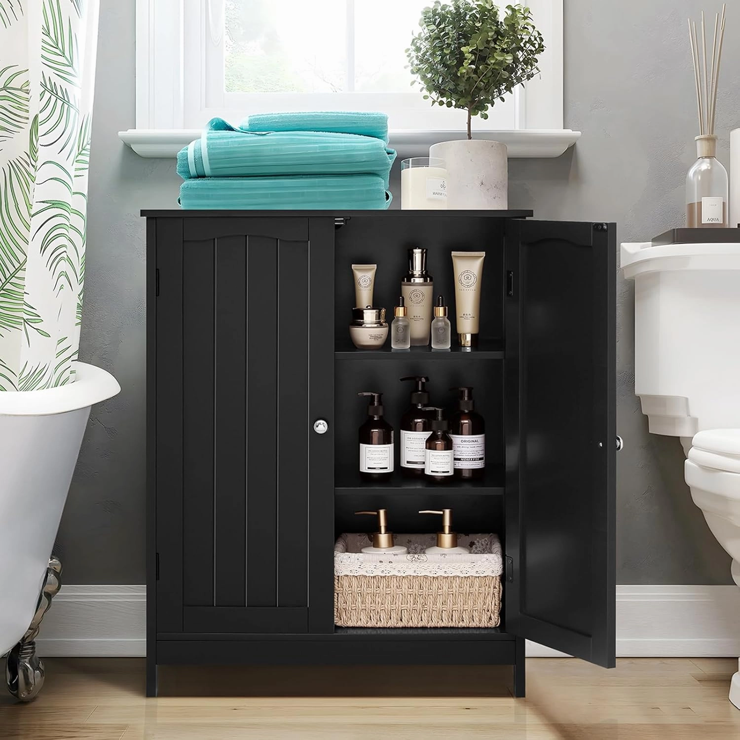 Iwell Bathroom Cabinet, Bathroom Storage Cabinet with 2 Doors & 3 Shelves, 3 Heights Available, for Living Room, Entryway, Kitchen, Home Office, Black