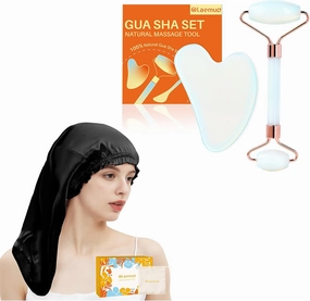 Jade Gua Sha and Face Roller & Long Silk Hair Bonnet for Sleeping Women
