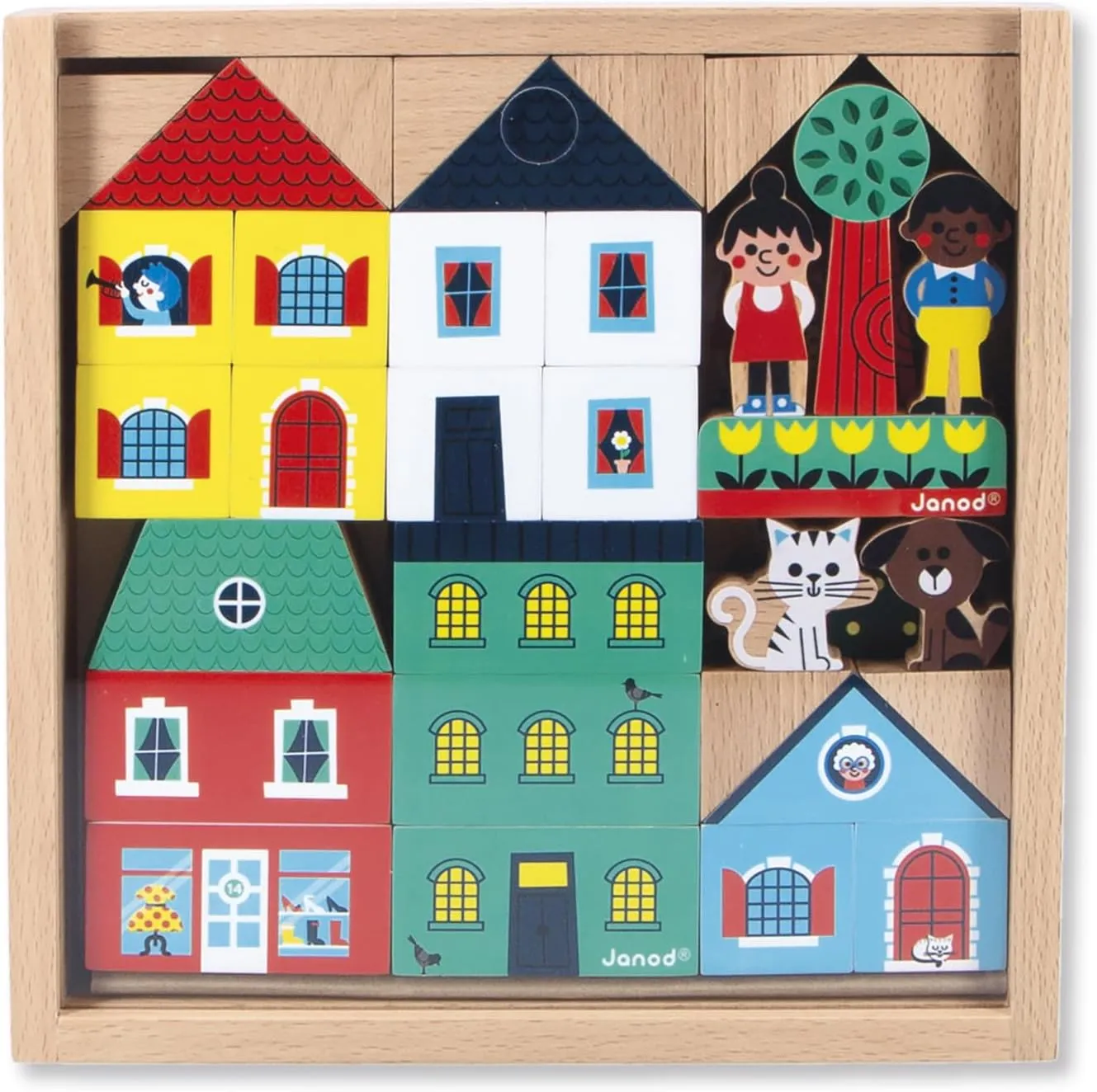 Janod - Set of 36 Solid Wooden Cubes - City Theme - Ideal Complement to Car Mat - Construction Toy - Develops Imagination - FSCTM Wooden Toy - from 2 Years Old - J05917