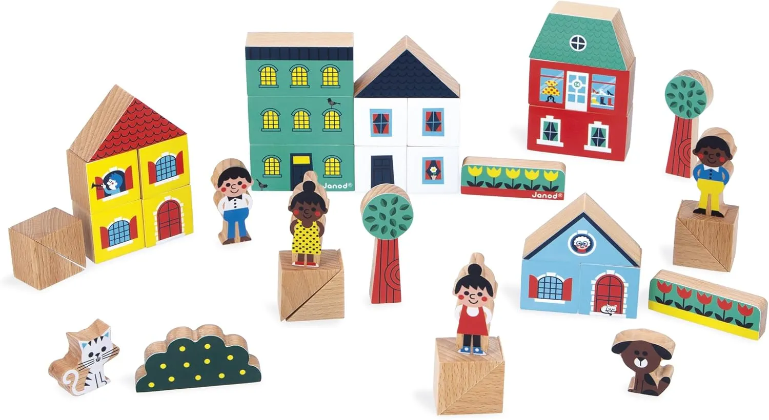 Janod - Set of 36 Solid Wooden Cubes - City Theme - Ideal Complement to Car Mat - Construction Toy - Develops Imagination - FSCTM Wooden Toy - from 2 Years Old - J05917