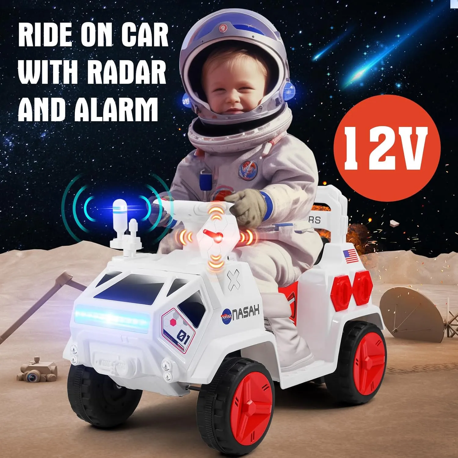 JOYLDIAS 12V Ride On Car for Toddlers, Mars Rover Ride On Toy with Radar, Alarm, Remote Control, Music, Bluetooth, Lights, White