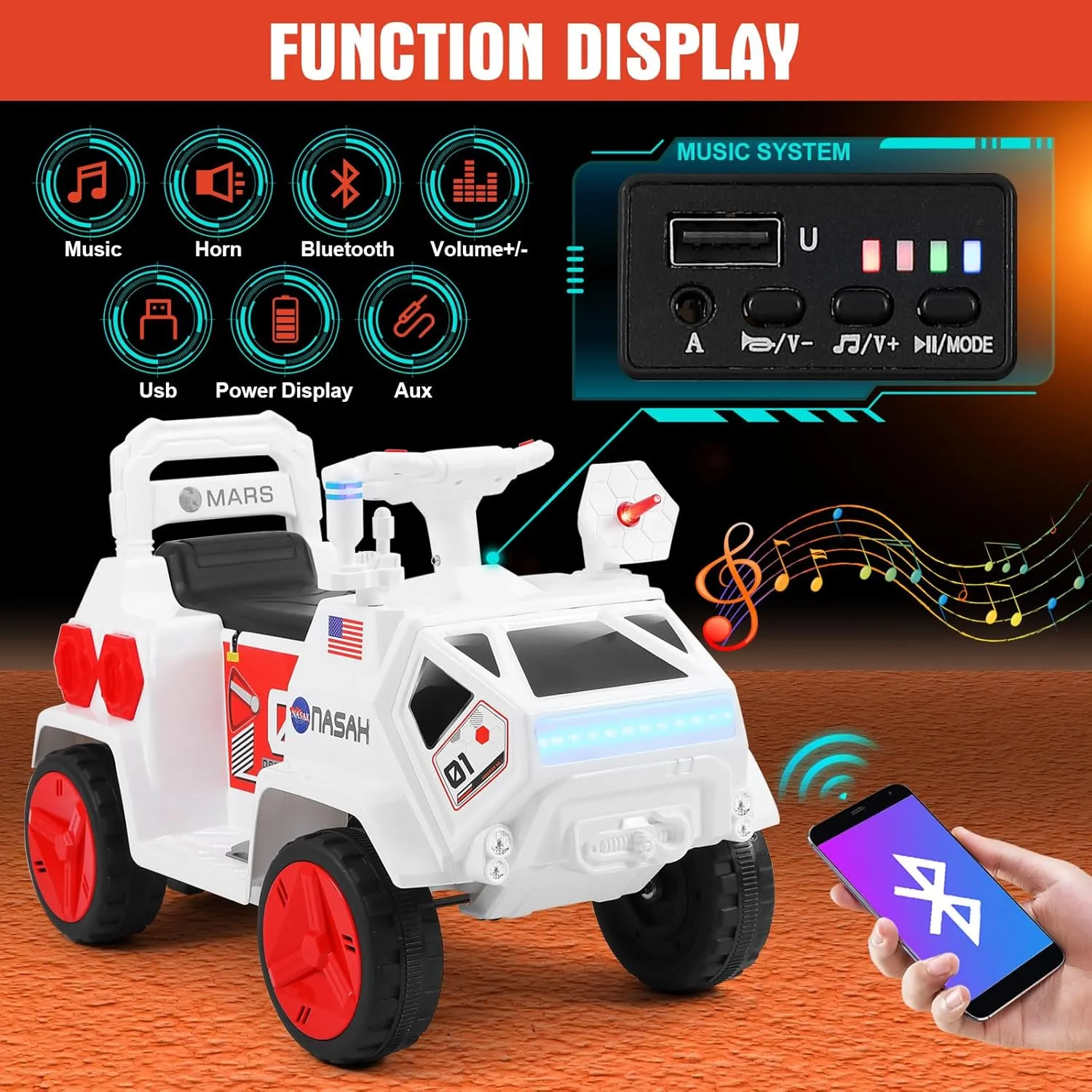 JOYLDIAS 12V Ride On Car for Toddlers, Mars Rover Ride On Toy with Radar, Alarm, Remote Control, Music, Bluetooth, Lights, White