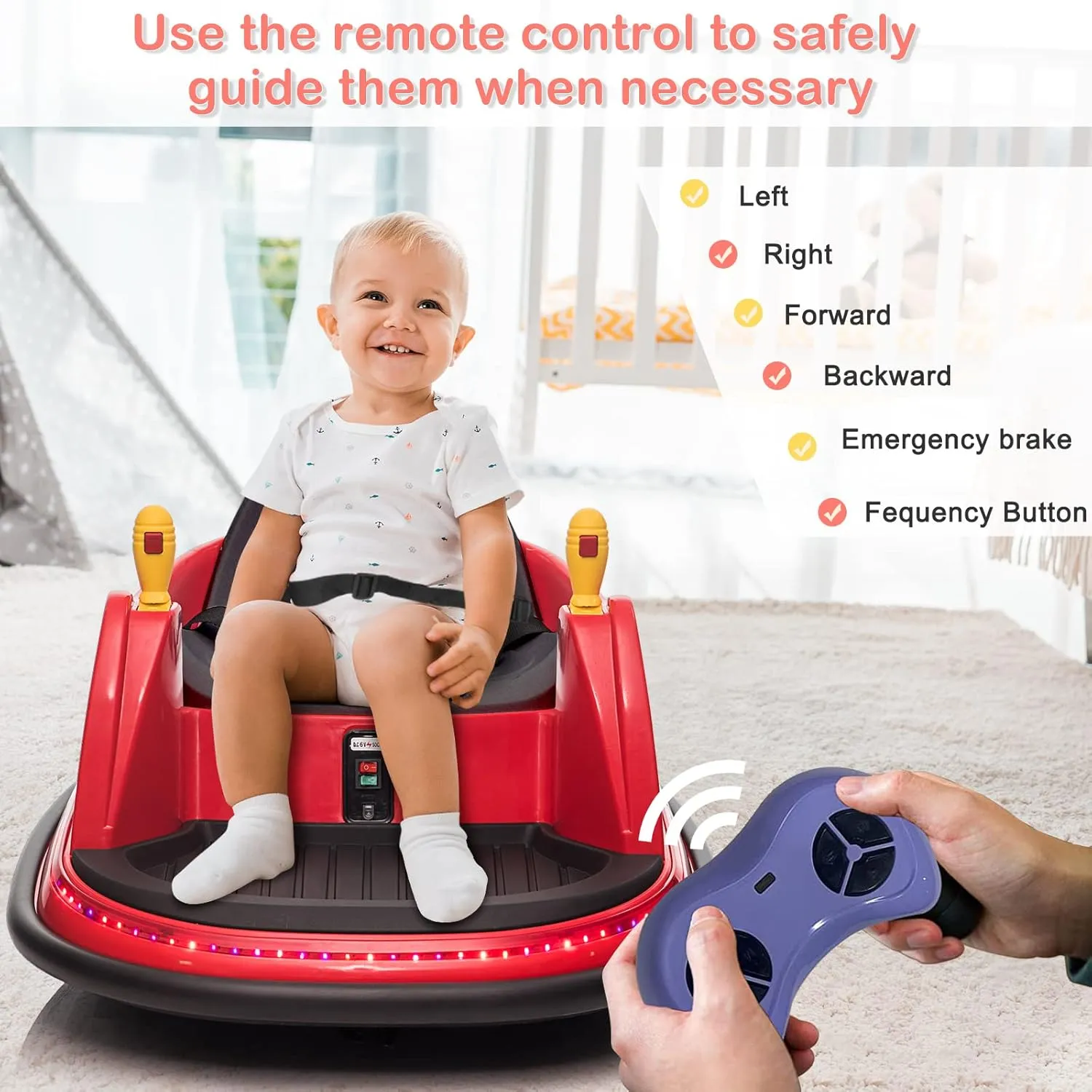 JOYMOR Kids Bumper Car, 12V Electric Bumper Vehicle w/Remote Control, Flashing LED Lights & 360 Degree Spin, 2 Driving Modes, Music, Safety Belts, for Girls and Boys (Red)