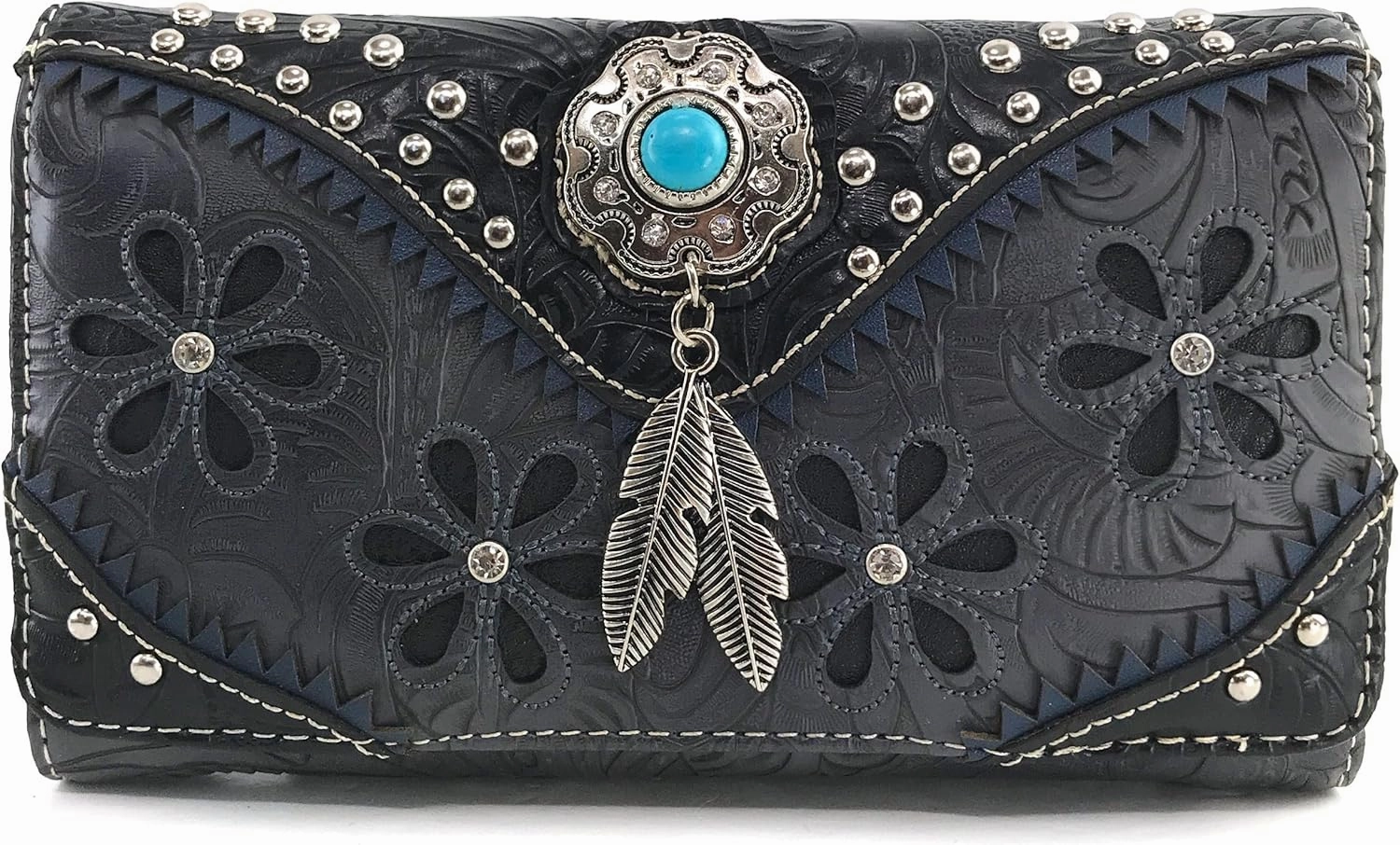 Justin West Cowgirl Leather Cut Concealed Carry Feather Concho Country Vintage Western Handbag Purse Wallet Set