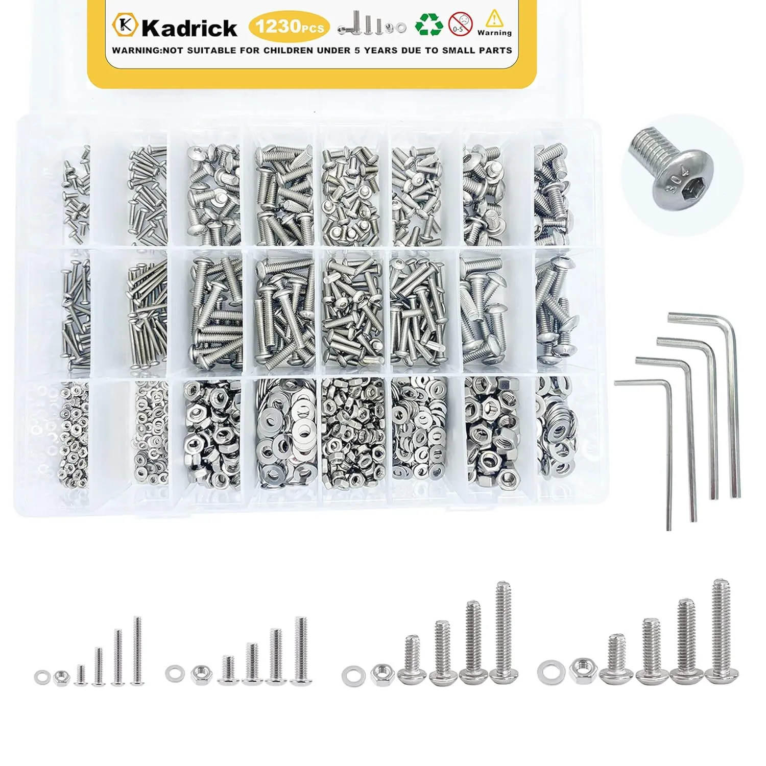 Kadrick 304 Stainless Steel Screws,1230 Pcs M2 M3 M4 M5 Metric Screw Aassortment,4mm-20mm Hex Socket Button Head Cap Bolts Nuts Washers Kit with 4 Hex Wrenches