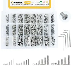 Kadrick 304 Stainless Steel Screws,1230 Pcs M2 M3 M4 M5 Metric Screw Aassortment,4mm-20mm Hex Socket Button Head Cap Bolts Nuts Washers Kit with 4 Hex Wrenches