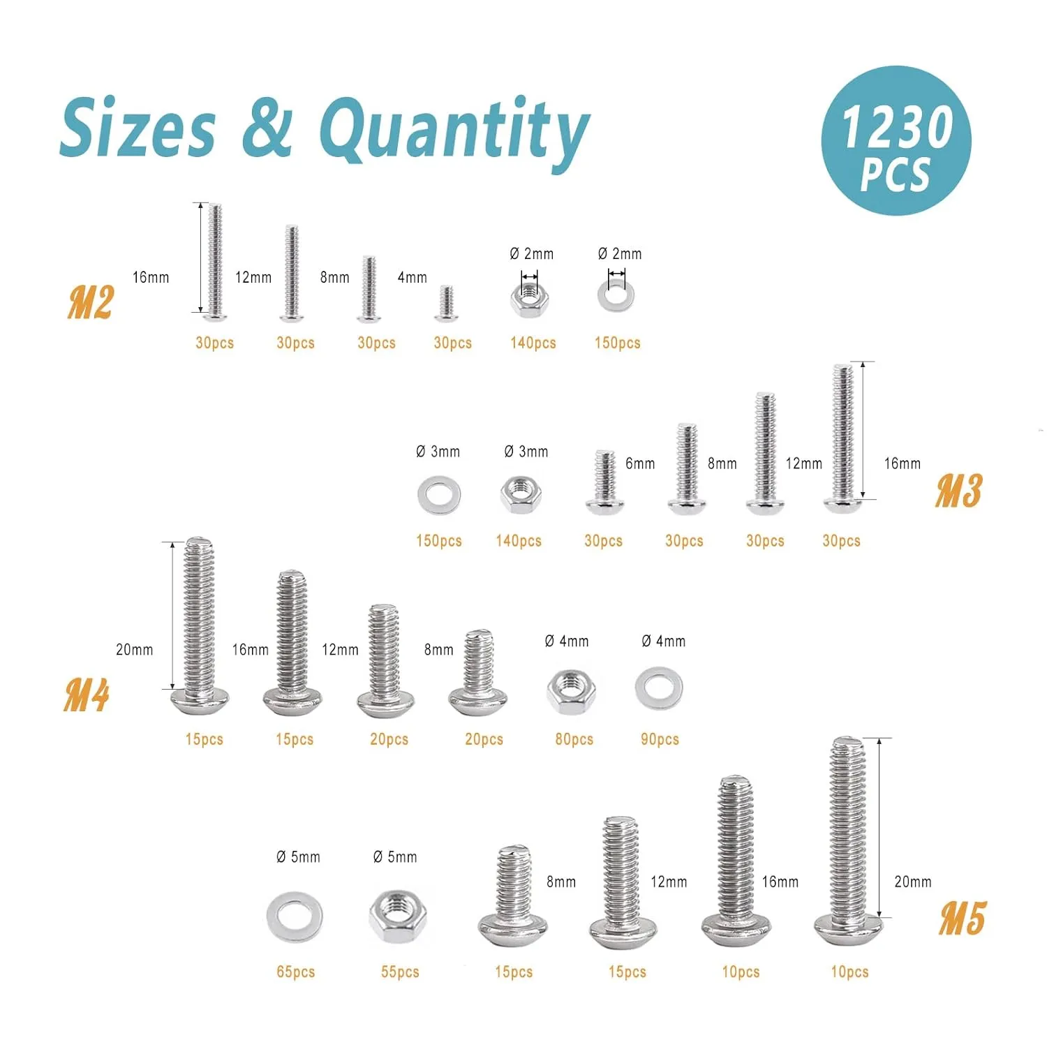 Kadrick 304 Stainless Steel Screws,1230 Pcs M2 M3 M4 M5 Metric Screw Aassortment,4mm-20mm Hex Socket Button Head Cap Bolts Nuts Washers Kit with 4 Hex Wrenches