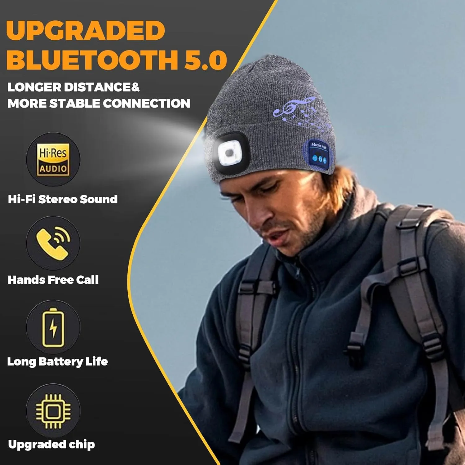 Keains Bluetooth Beanie with Light, Musical Knit Hat with Headphones and Built-in Speaker Mic, Gifts for Men Women Dad