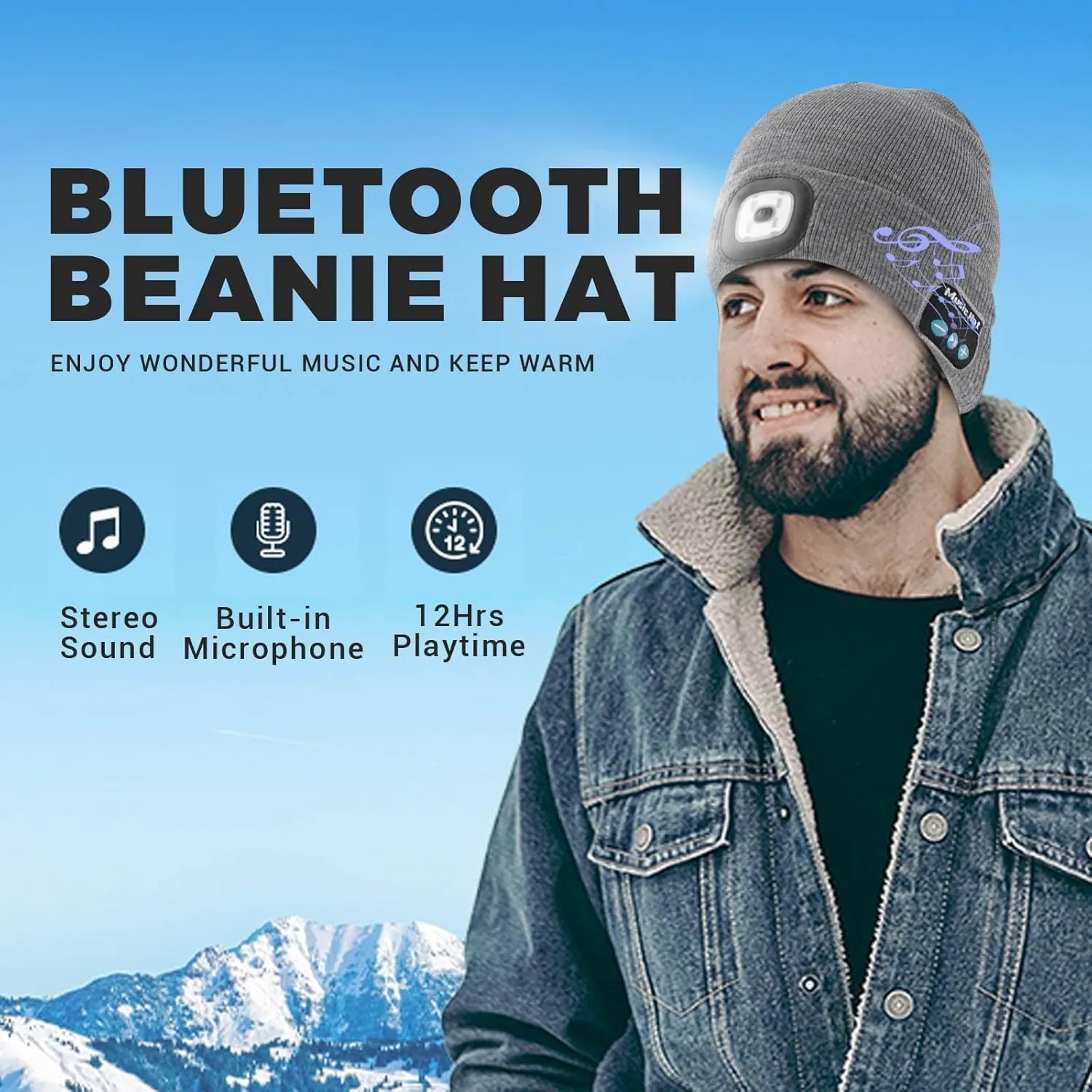Keains Bluetooth Beanie with Light, Musical Knit Hat with Headphones and Built-in Speaker Mic, Gifts for Men Women Dad