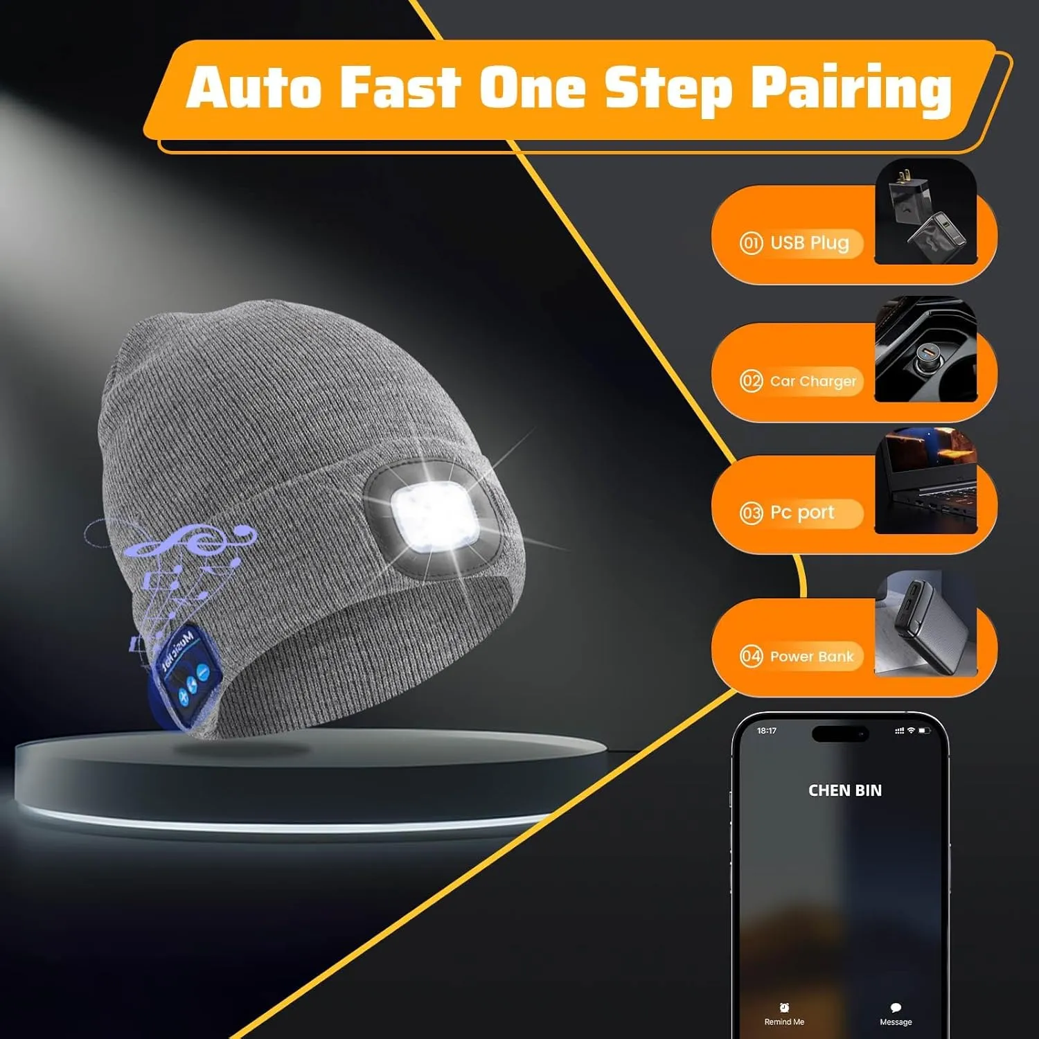 Keains Bluetooth Beanie with Light, Musical Knit Hat with Headphones and Built-in Speaker Mic, Gifts for Men Women Dad