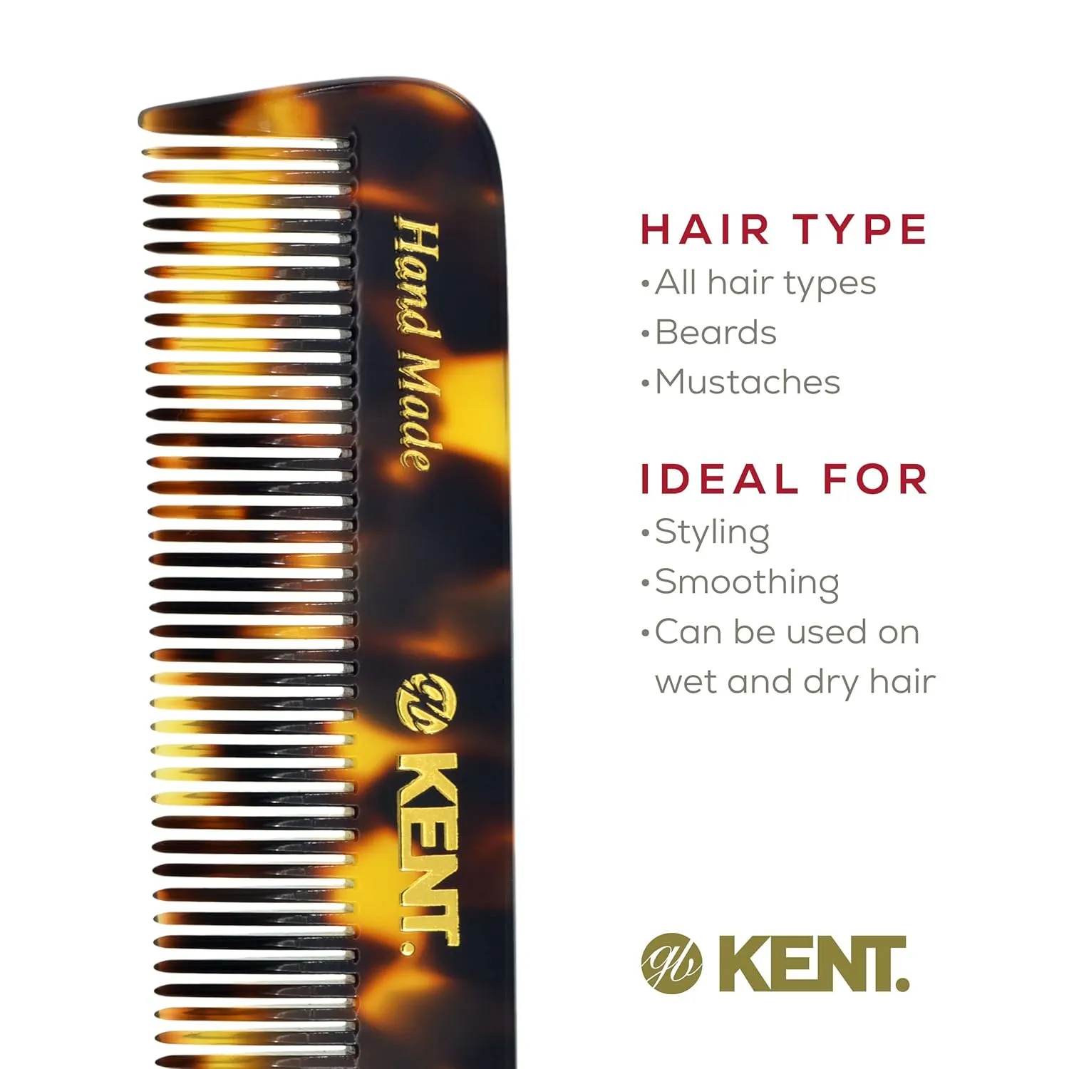 Kent FOT TY Fine Tooth Beard and Hair Comb - Handmade Travel Pocket Styling Comb for Thinning Hair, Mustache Care - Essential for Kent Beard Kit