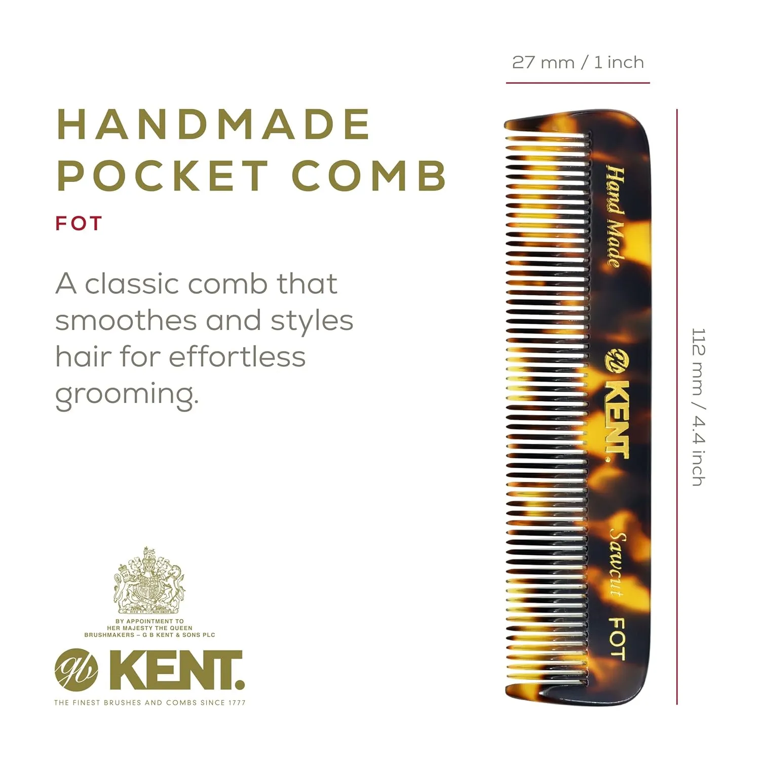 Kent FOT TY Fine Tooth Beard and Hair Comb - Handmade Travel Pocket Styling Comb for Thinning Hair, Mustache Care - Essential for Kent Beard Kit
